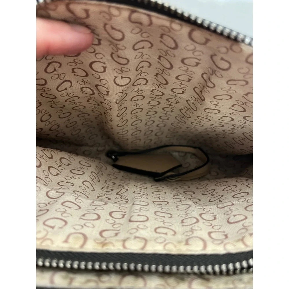 GUESS Brown Monogram Logo Satchel Handbag Tan Handles Structured‎ Zip Top Bag